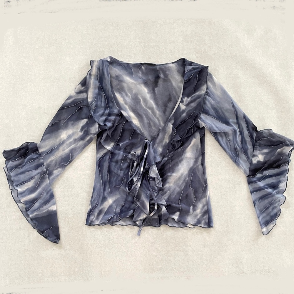 Navy Blue Sheer Stretch V-neck Blouse